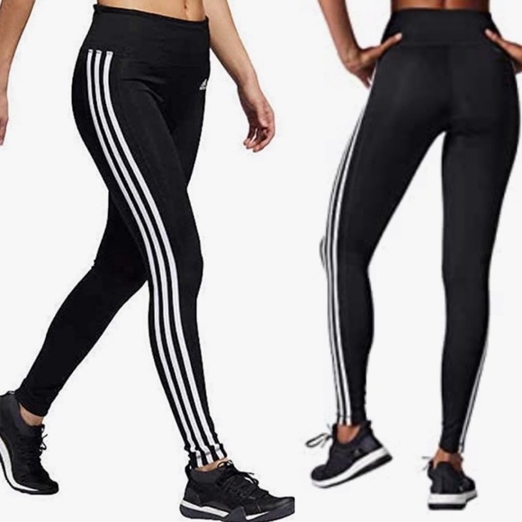 ADIDAS black climalite white 3 stripe tights high-rise leggings women’s small - Picture 1 of 3